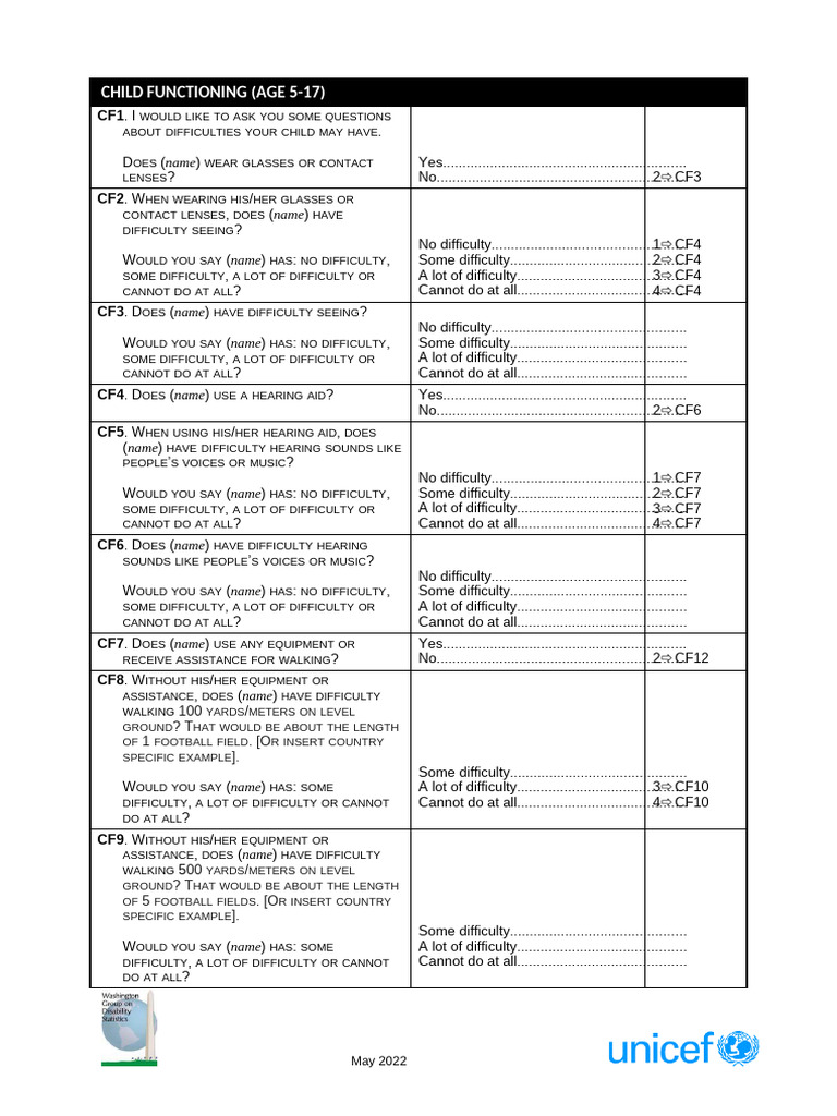 Child Functioning For Children Age 5 To-17 May-2022 FINAL | PDF