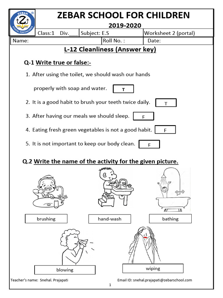 Cleanliness Worksheet for Grade 1 | PDF | Hygiene