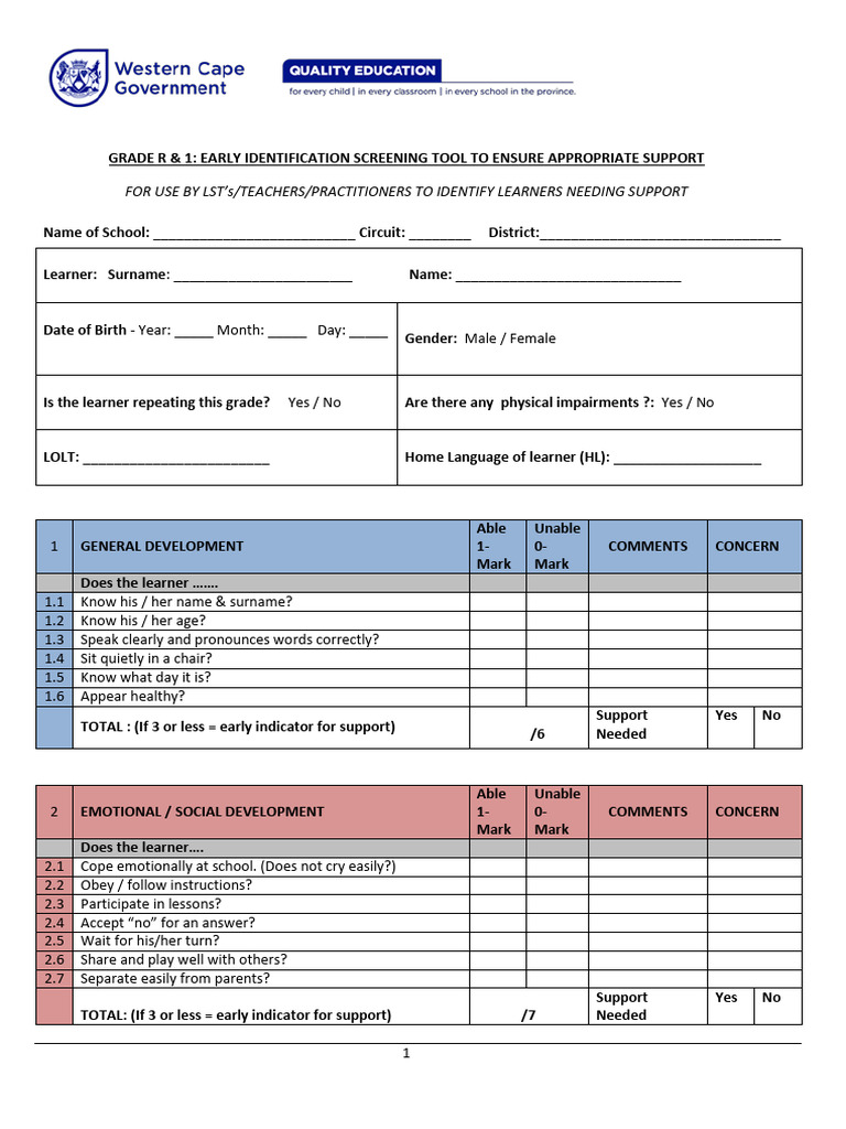 Annexure B - WCED Grade R1 SCREENING TOOL ENGLISH | PDF | Cognitive ...