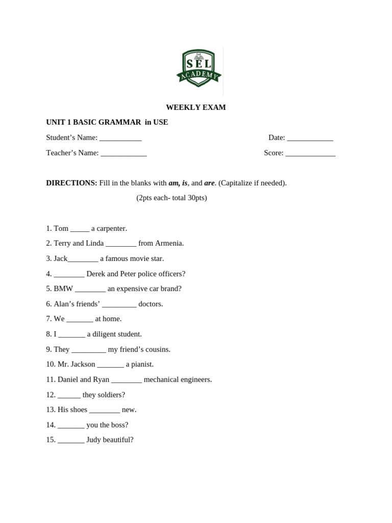 Unit 1 Grammar Gateway Basic Weekly Test | PDF