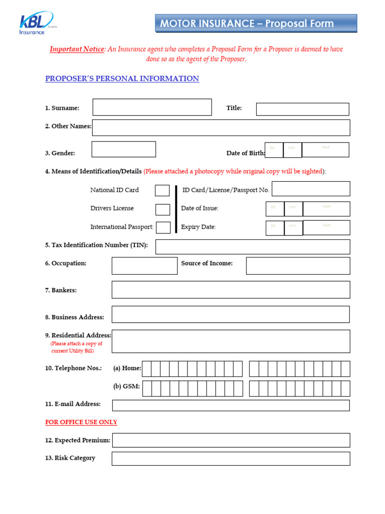 Motor Vehicle Insurance Proposal Form | PDF | Identity Document | Insurance