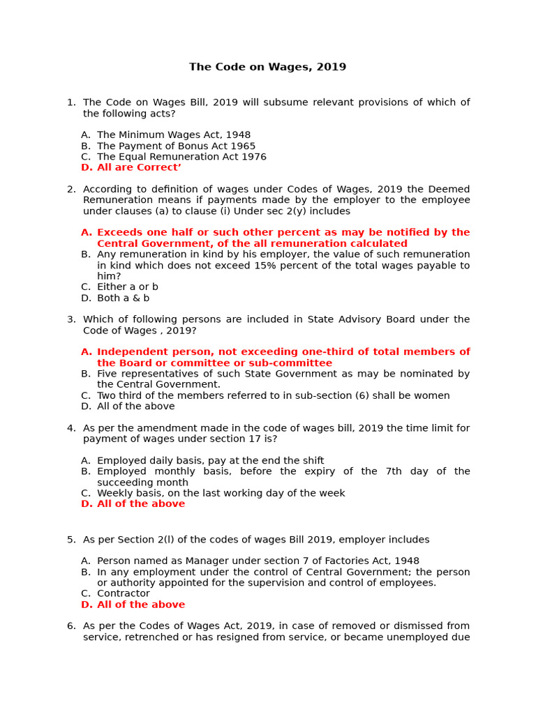 Summary of Code on Wages 2019 | PDF | Employment | Wage