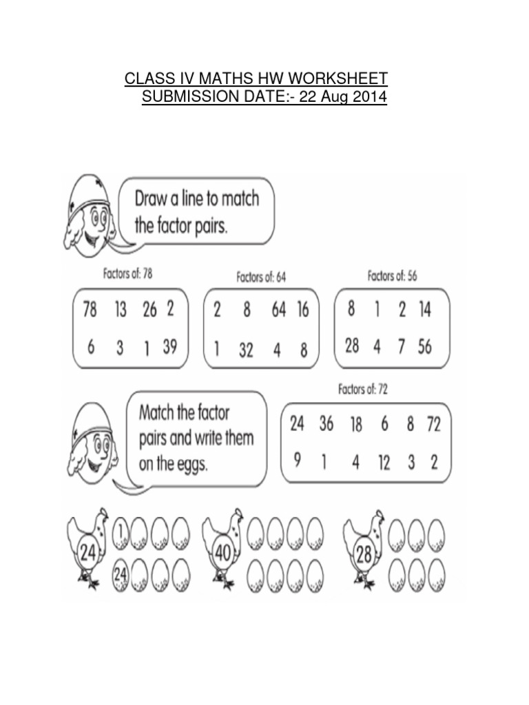Class IV Maths Homework Worksheet | PDF