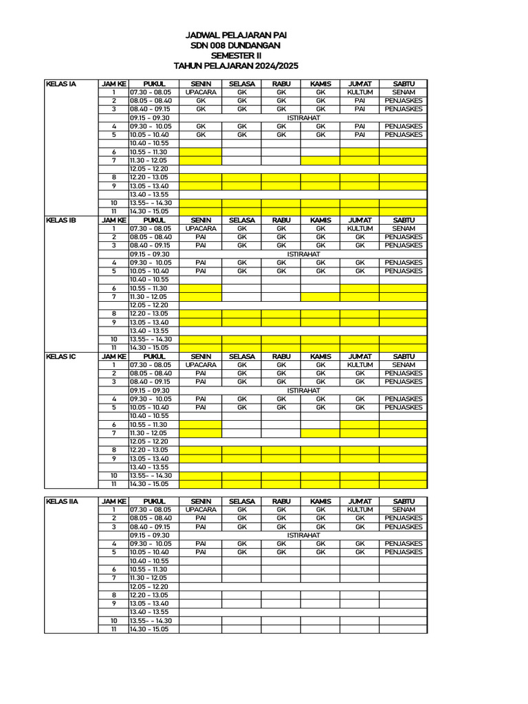 Jadwal Pelajaran Pai 2024-2025 | PDF