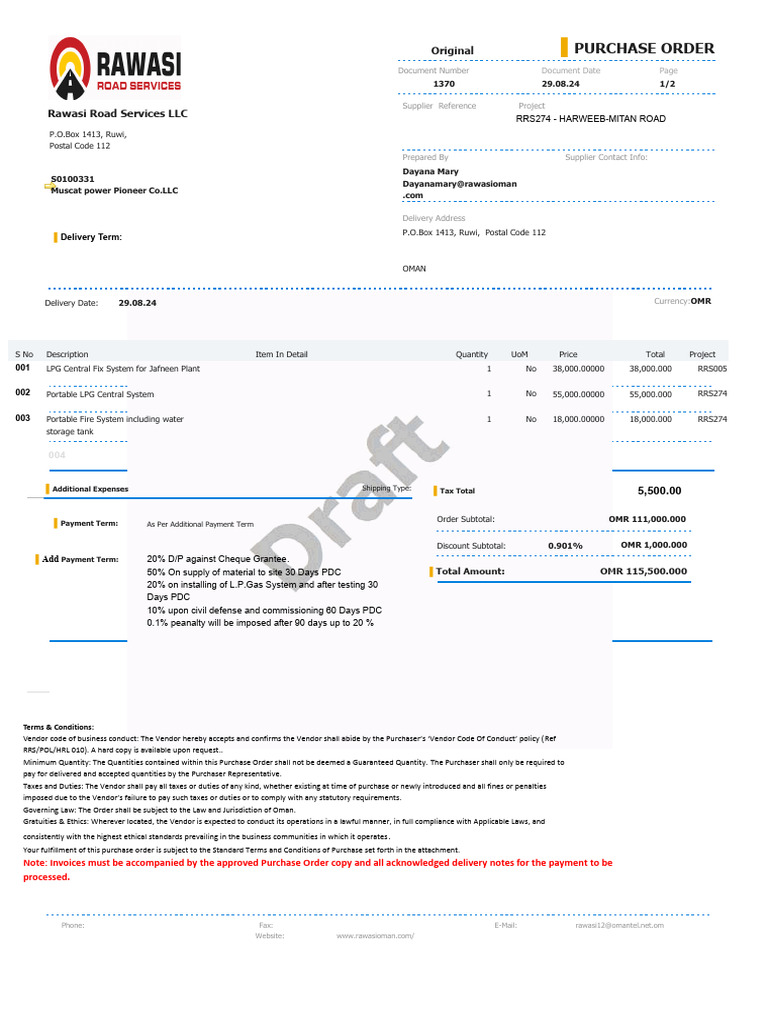 Purchase Order for LPG Systems in Oman | PDF | Payments | Taxes