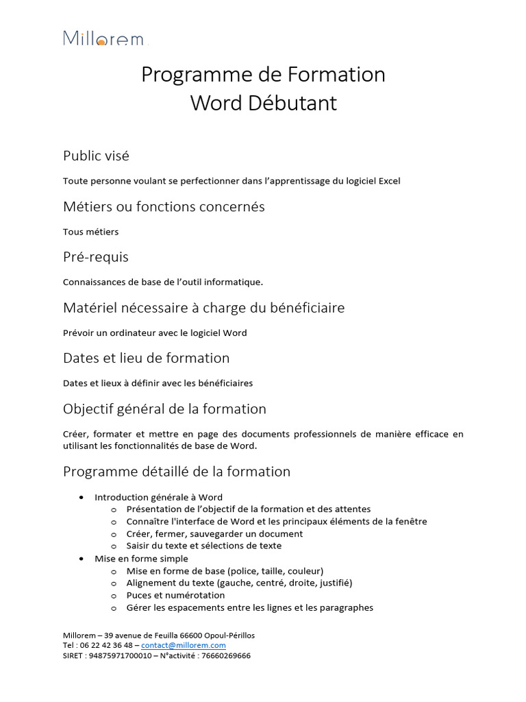 Formation Word Débutant - Millorem | PDF | Microsoft Word | Informatique