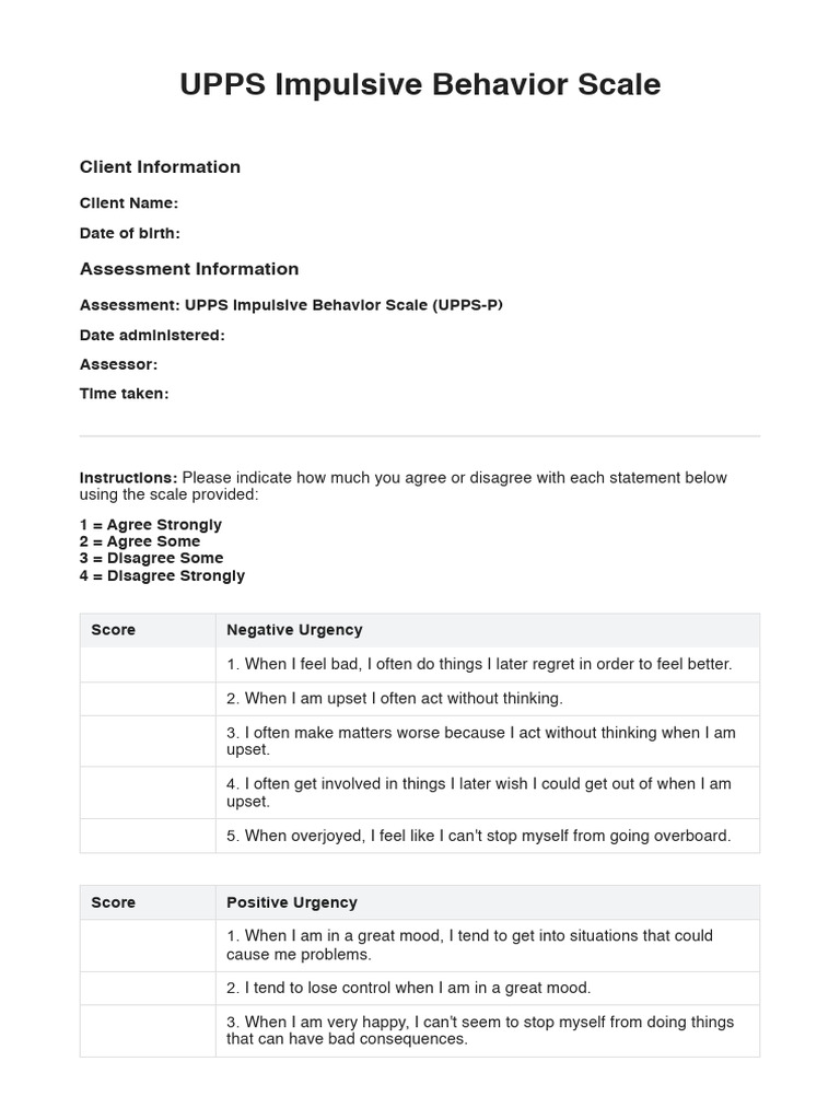 UPPS Impulsive Behavior Scale Assessment | PDF | Impulsivity | Psychology