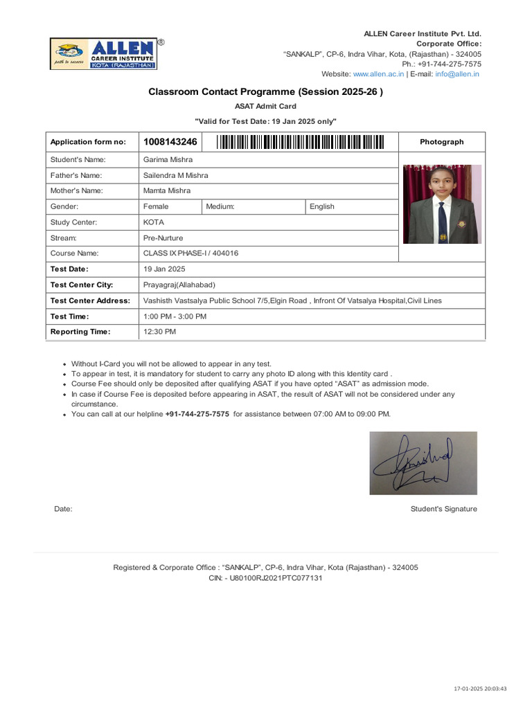 ASAT Admit Card for 2025-26 Session | PDF | Applications Of ...