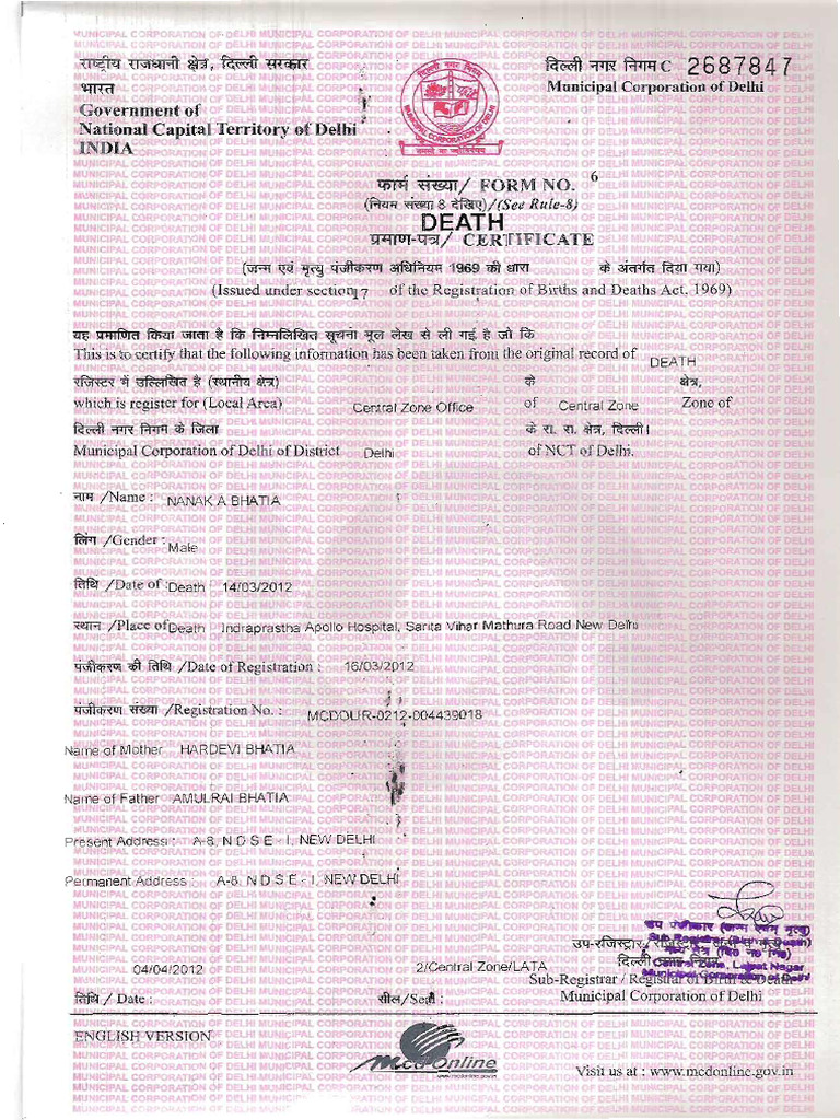 Death Certificate - Nanak A Bhatia | PDF