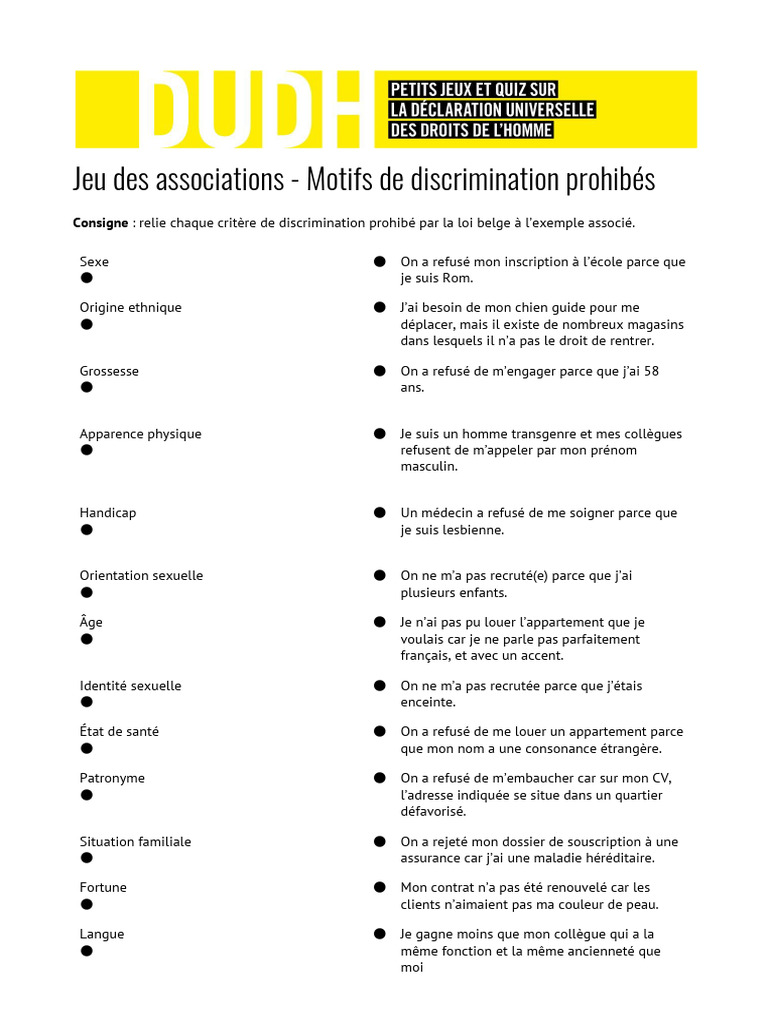 Fiche Jeux - Asssociation - Motifs de Discrimination Prohibe S | PDF ...