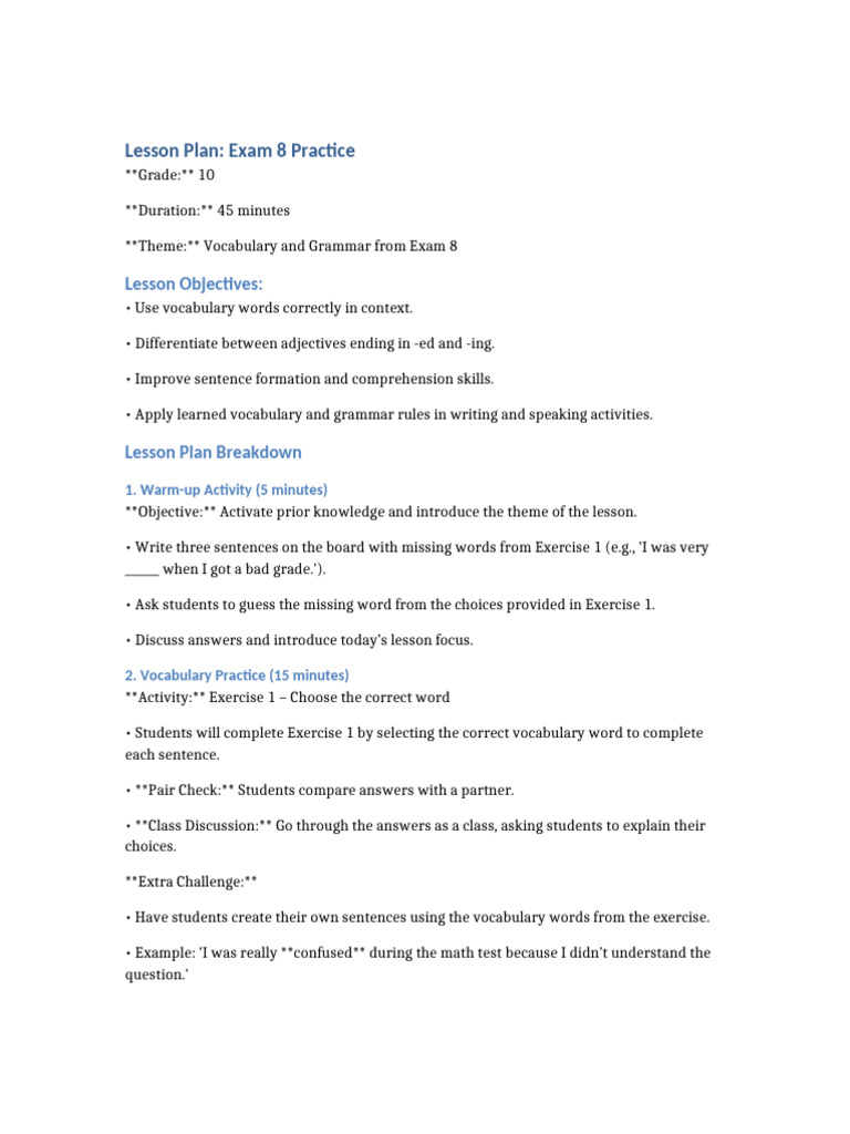 Exam 8 Vocabulary and Grammar Practice | PDF | Vocabulary | Lesson Plan