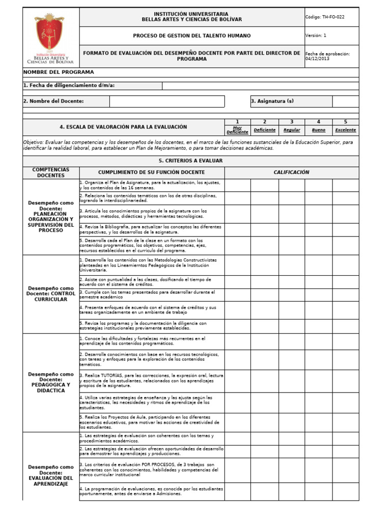TH FO 022 Formato de Evaluacion de Desempeno Docente | PDF | Evaluación ...