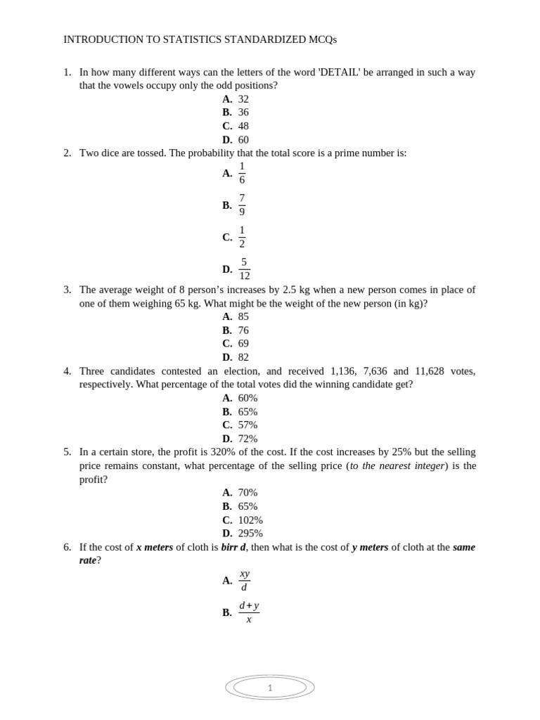 Intr To Stat All-Inclusive Model Questions | PDF | Average | Arithmetic ...