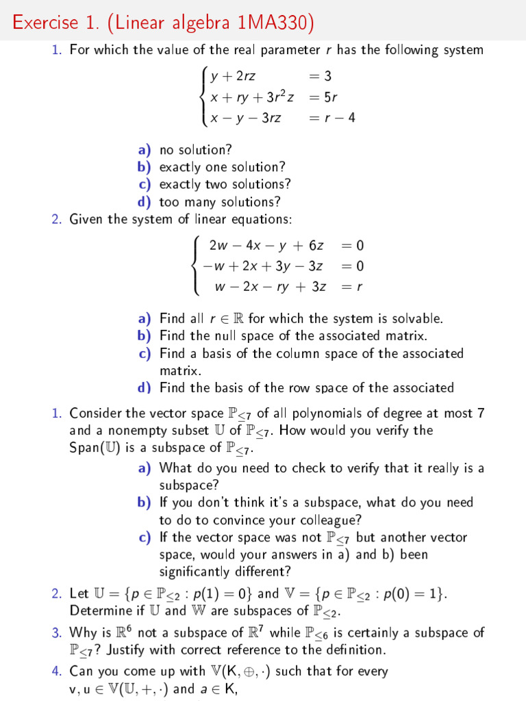 Linear-aIgebra1MA330 - Exercise 1 | PDF