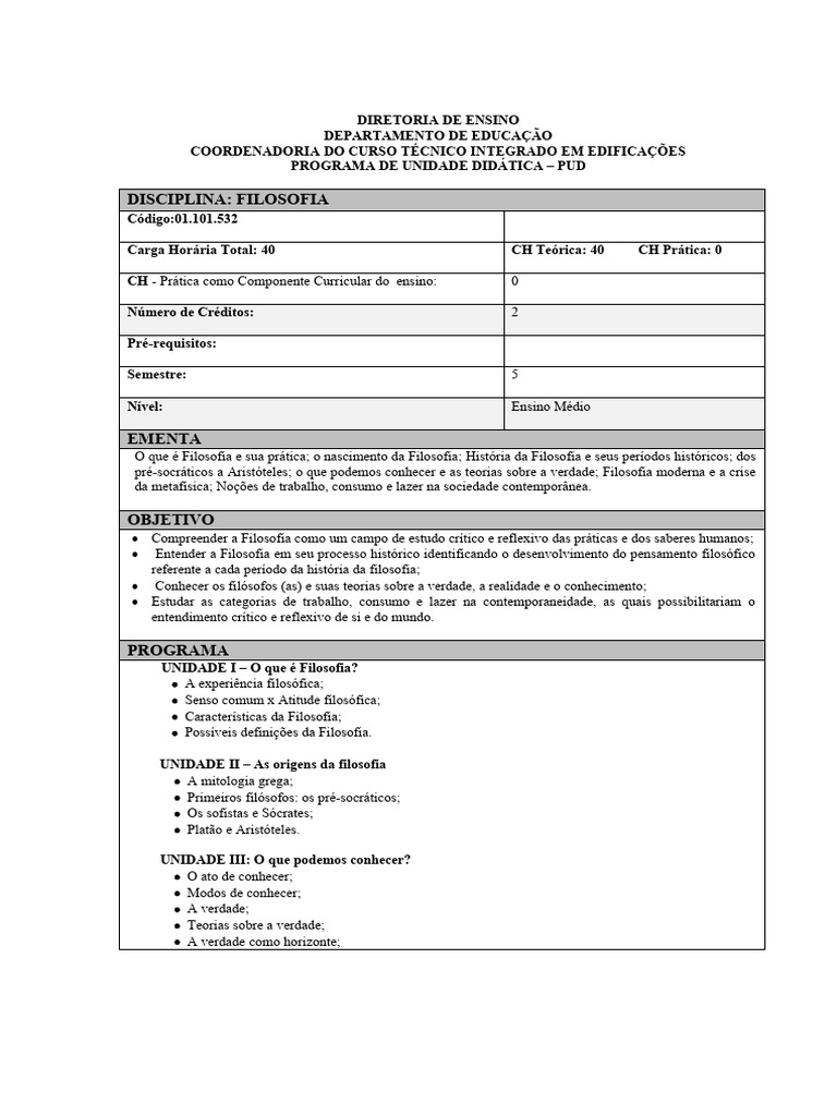 Programa de Filosofia para Ensino Médio | PDF | Verdade | Metafísica