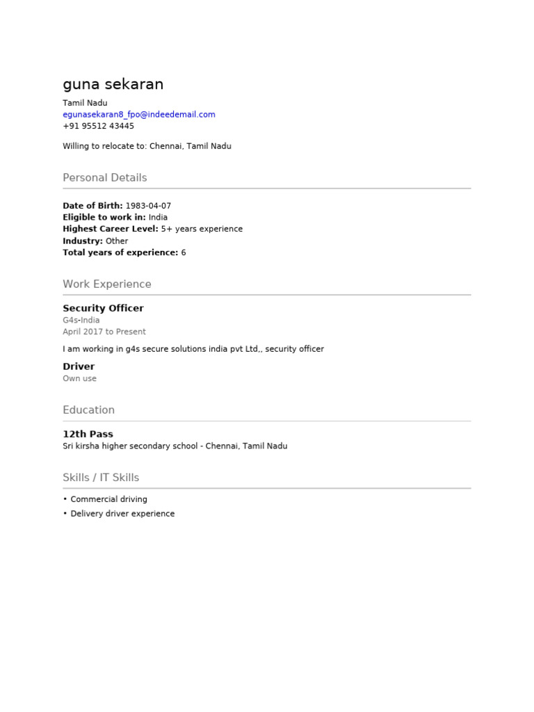 Security Officer Resume - Tamil Nadu | PDF