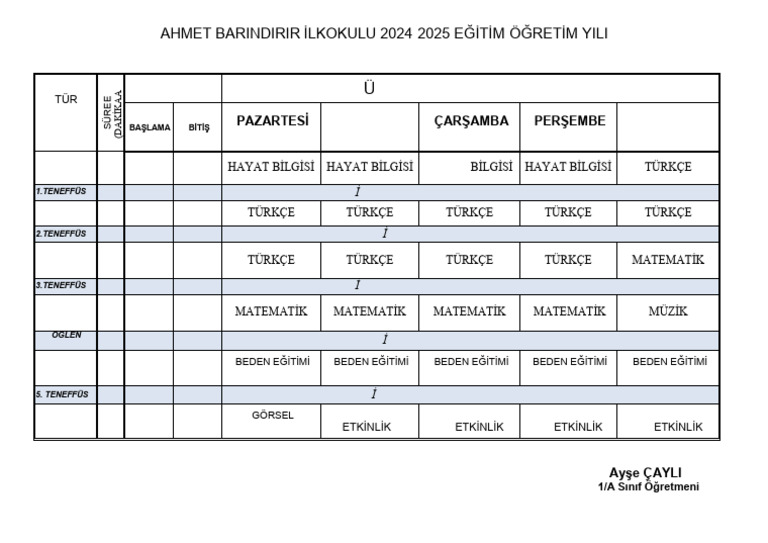 Haftalik Ders Programi 1 Sinif Pdf