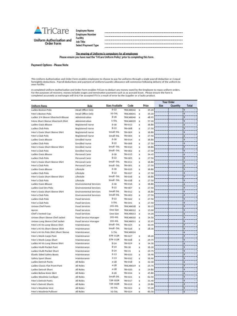 TriCare Uniform Order Form March 2021 | PDF | Blouse | Fashion