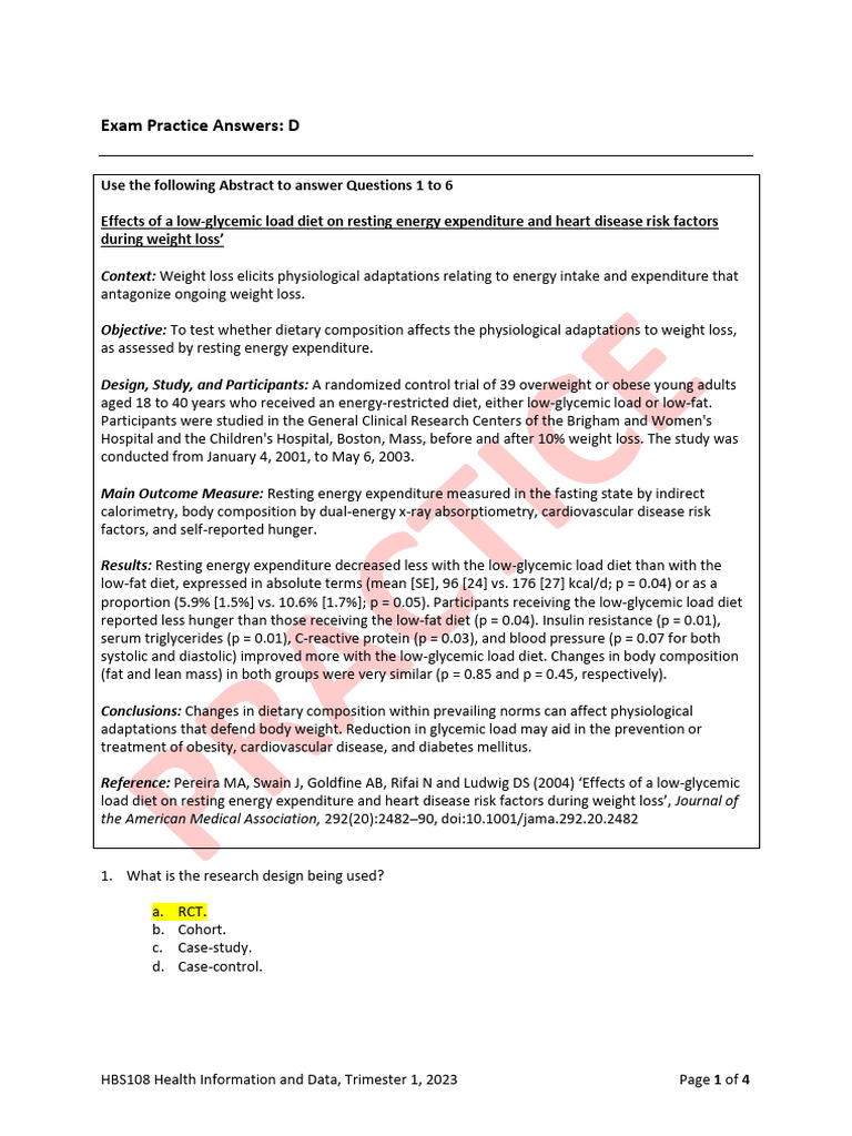 Exam Practice Answers D | PDF | Dieting | Weight Loss