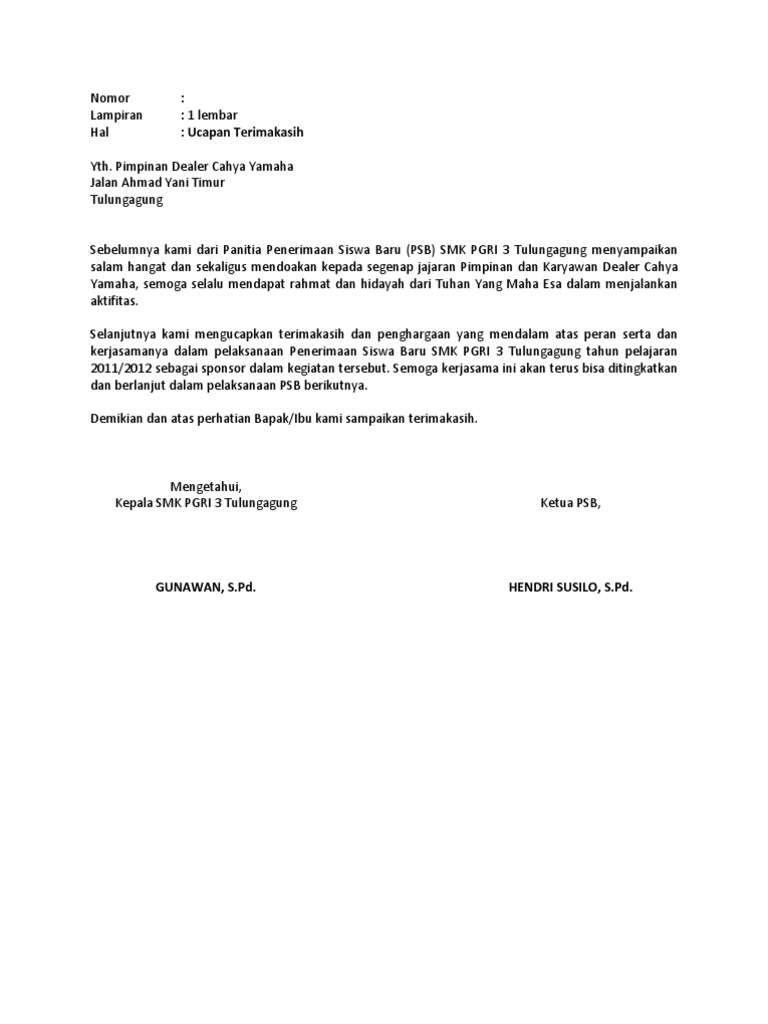 Contoh Surat Ucapan Terima Kasih Kepada Donatur Natal Berbagi Contoh Surat