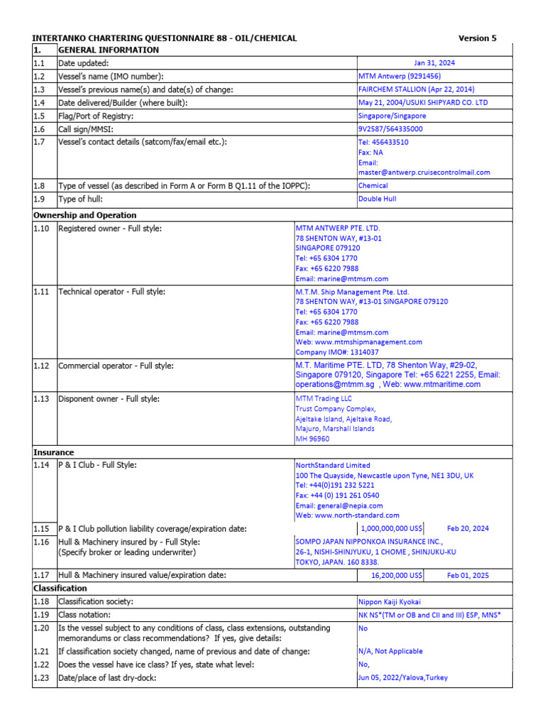 INTERCARGO Chartering Questionnaire 88 | PDF | Tonnage | Oil Tanker