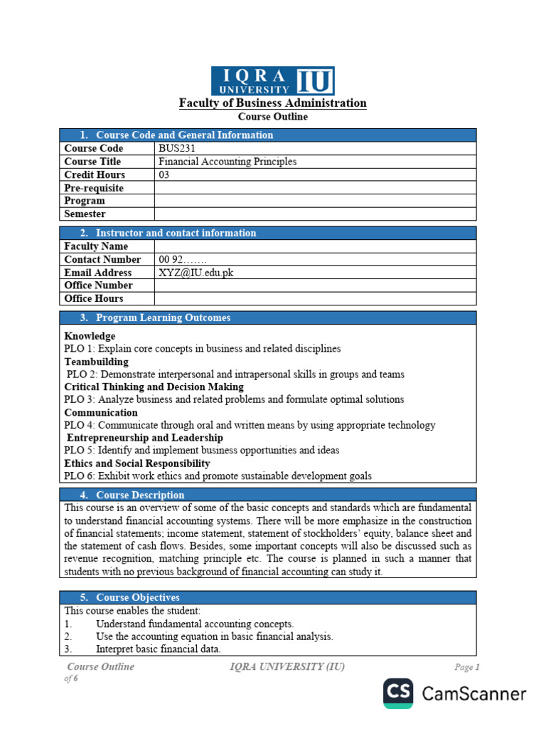 Financial Accounting Principles Course Outline | PDF | Financial ...