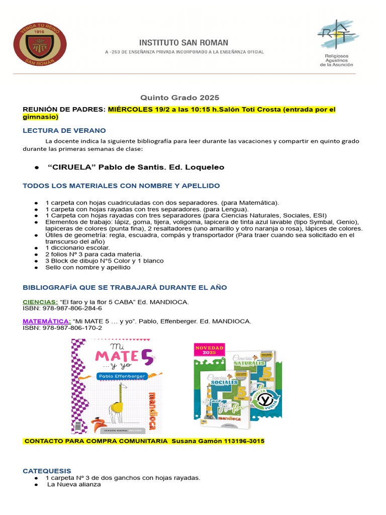 Materiales Quinto Grado 2025 | PDF | Lápiz | Implementos de escritura