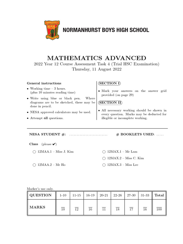 2022 Year 12 Advanced Math Exam Guide | PDF | Speed | Pi
