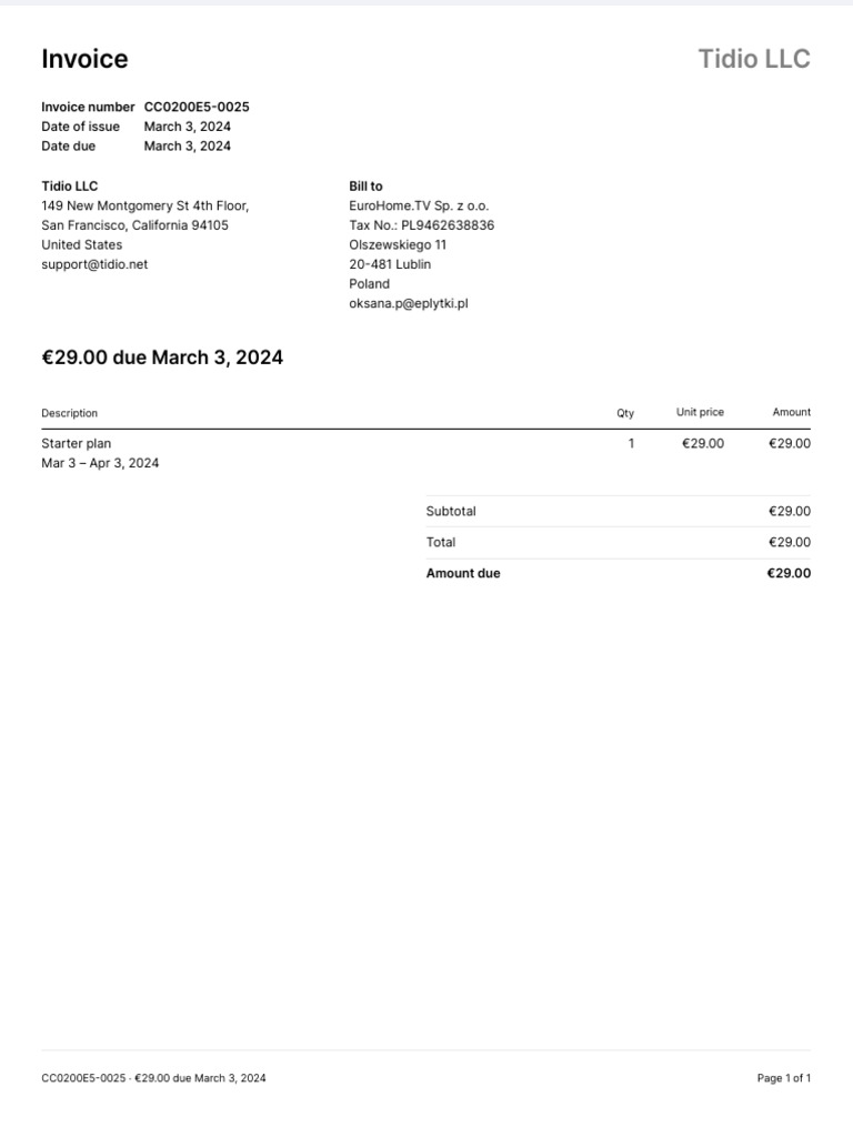 Invoice CC0200E5-0025: €29 Due March 3, 2024 | PDF