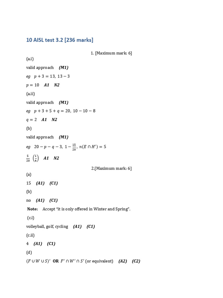 AISL Test 3.2 Solutions and Marking Guide | PDF | Mathematics | Applied ...