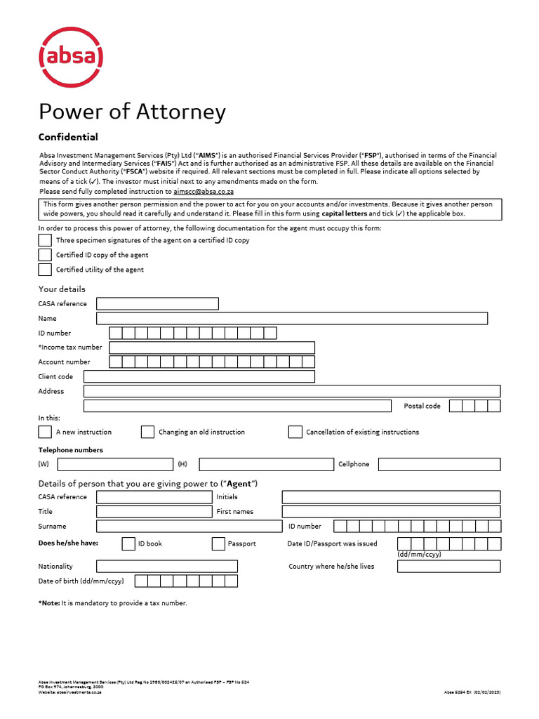 Absa Power of Attorney Form | PDF | Power Of Attorney | Business
