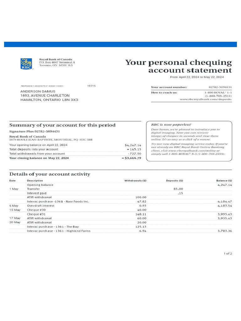 Personal Checking Account Statement - Royal Bank | PDF