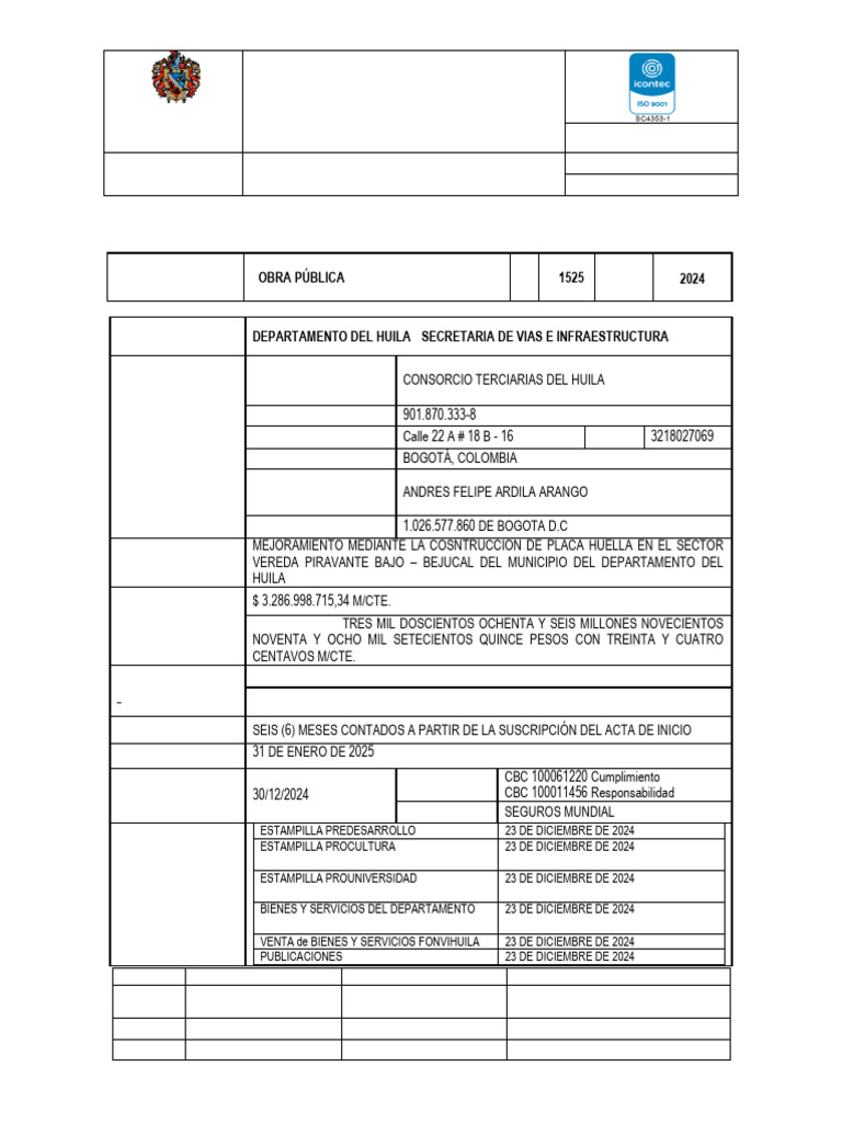 Acta de Inicio Contrato Obra Huila 2024 | PDF