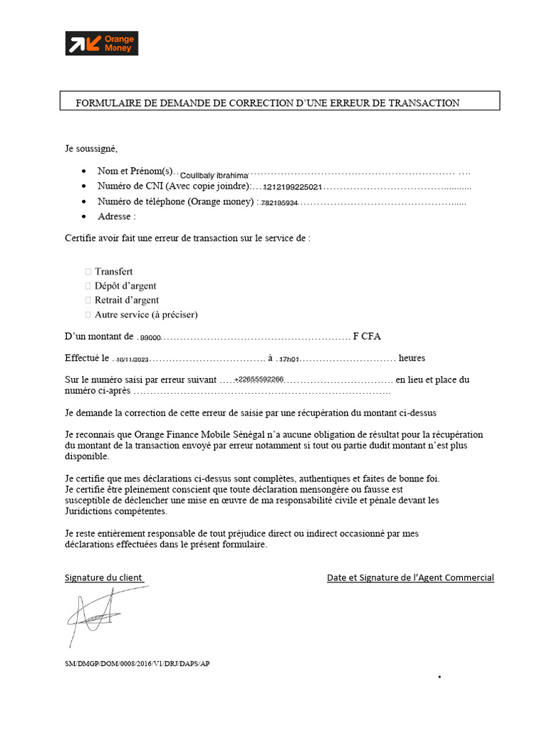 Demande de correction d'erreur de transaction | PDF