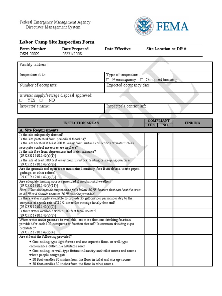FEMA Labor Camp Inspection Form PDF Toilet Laundry