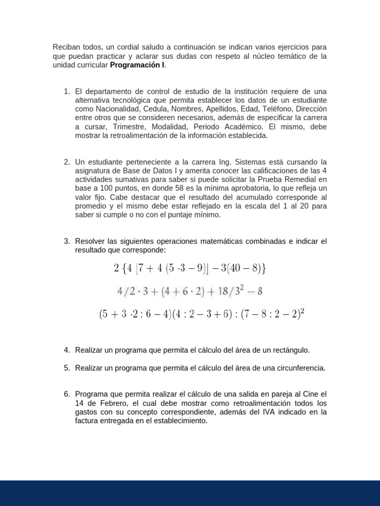 Programacion I - Ejercicios | PDF