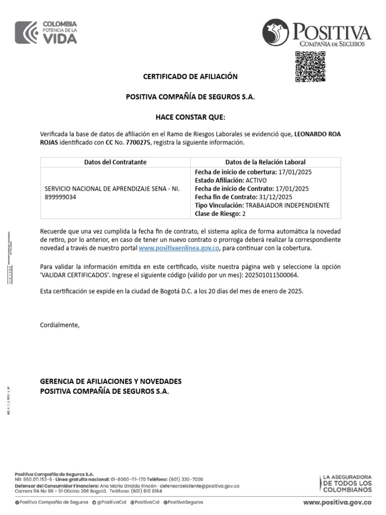 Certificado ARL - LEONARDO ROA ROJAS | PDF