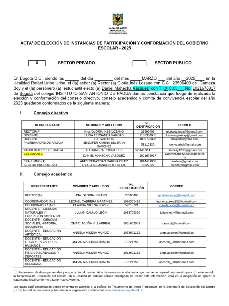 Acta de Elección Gobierno Escolar 2025 | PDF