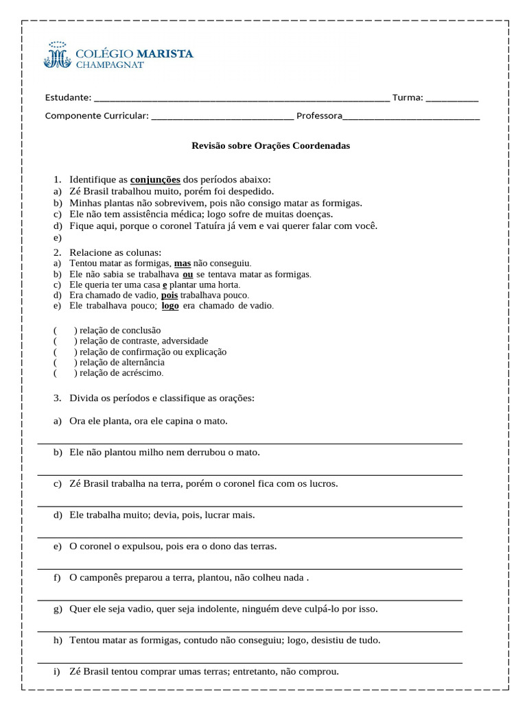 Exercícios de Revisão - Orações Coordenadas 9º Ano | PDF