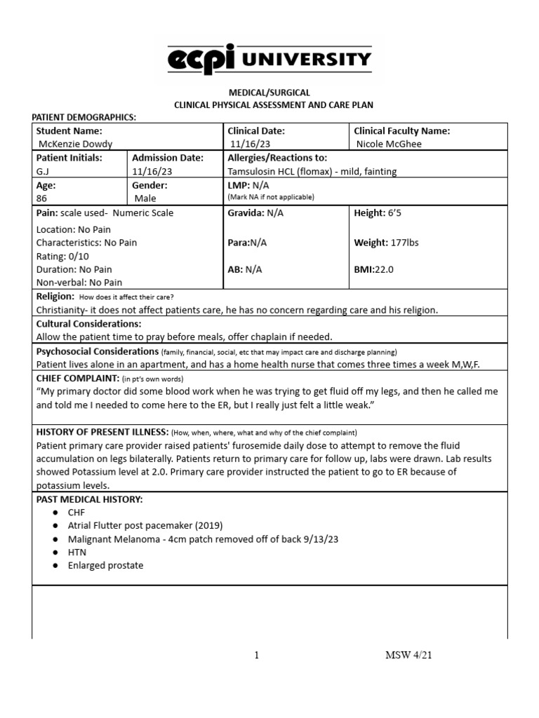 Clinical Assessment for Patient G.J. | PDF | Medical Specialties ...