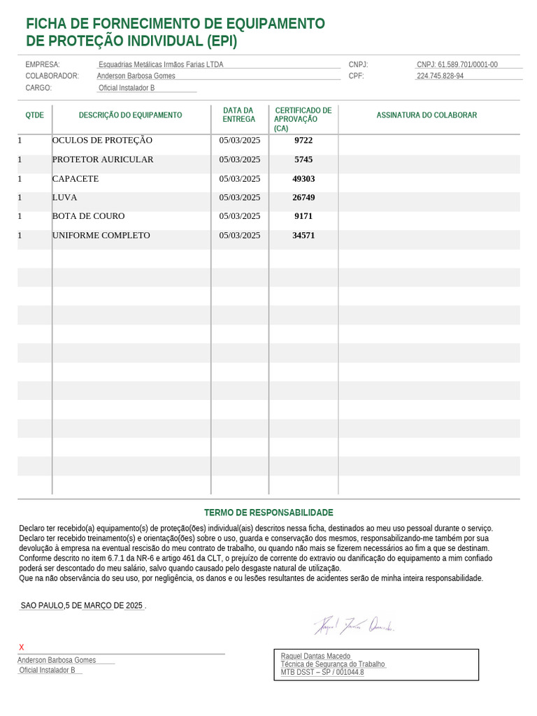 Ficha de EPI para Oficial Instalador B | PDF