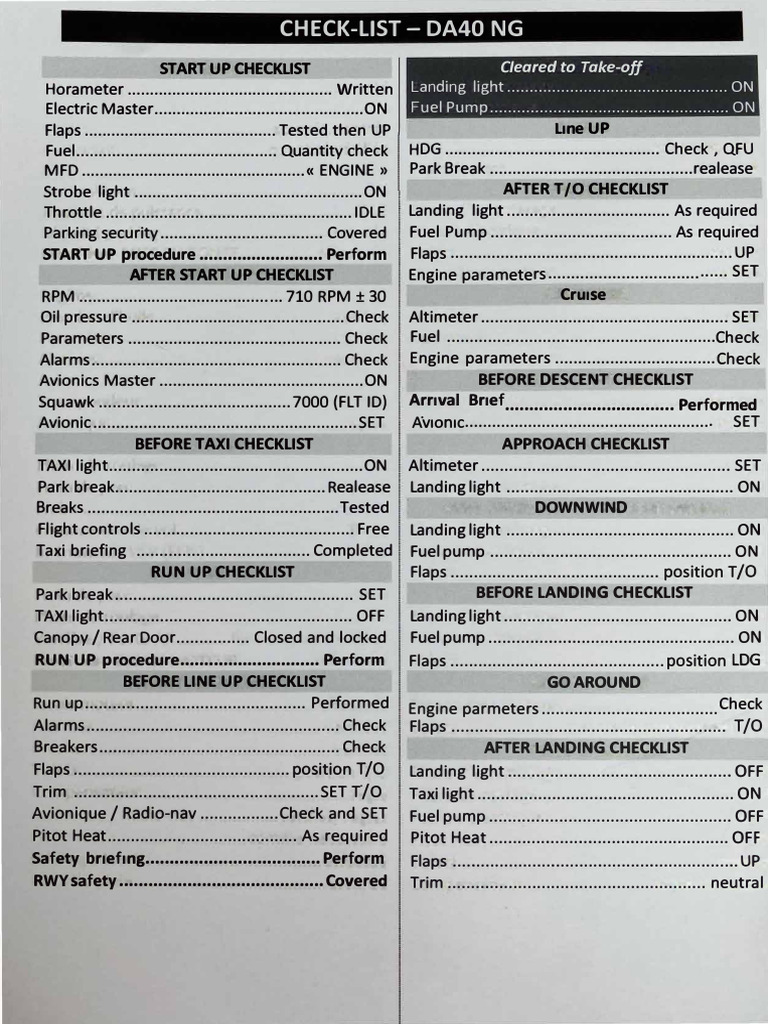 DA40 NG Startup and Checklist Guide | PDF | Aircraft | Aviation