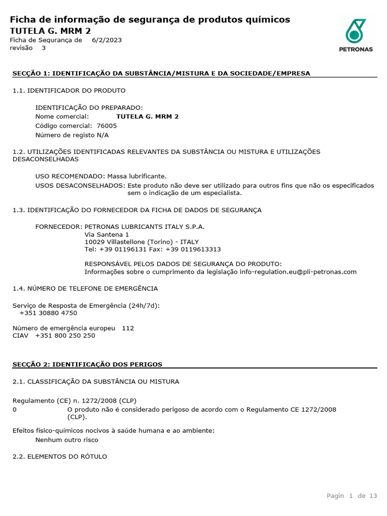 Ficha de Segurança TUTELA G. MRM 2 | PDF | Desperdício | Solubilidade
