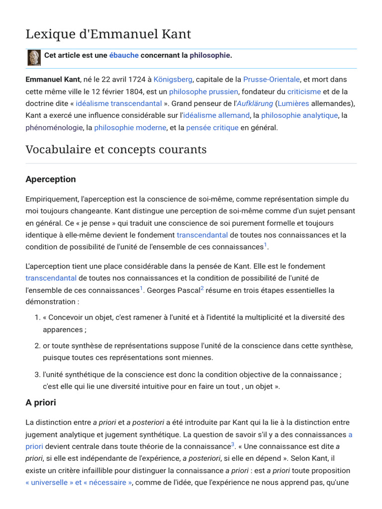 Lexique des concepts de Kant | PDF | Métaphysique | A priori et a ...