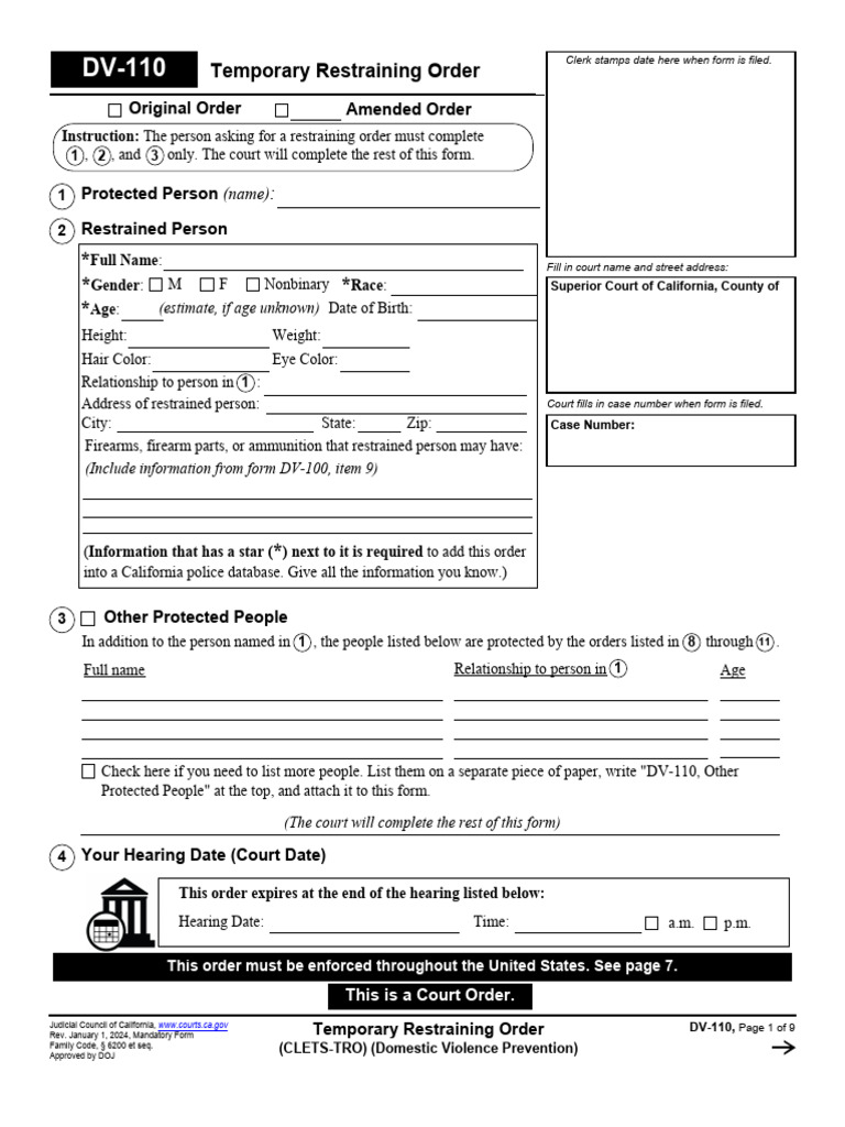 California Domestic Violence TRO Form | PDF | Restraining Order | Child ...