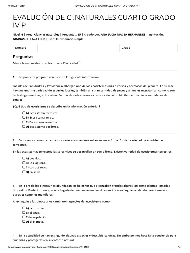4 Evalución de C .Naturales Cuarto Grado IV P | PDF | Ecosistema ...