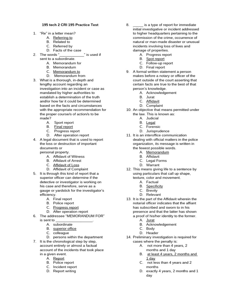 CRI 195 Practice Test Overview | PDF | Affidavit | Witness
