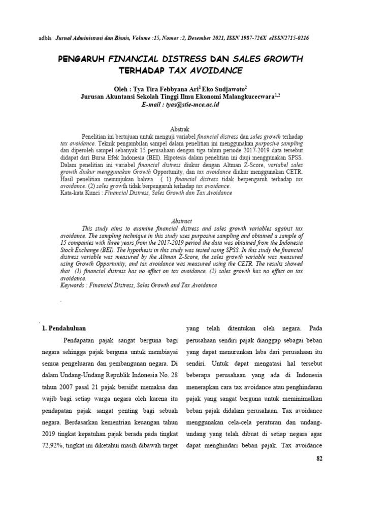 Pengaruh Financial Distress dan Sales Growth terhadap Tax Avoidance | PDF