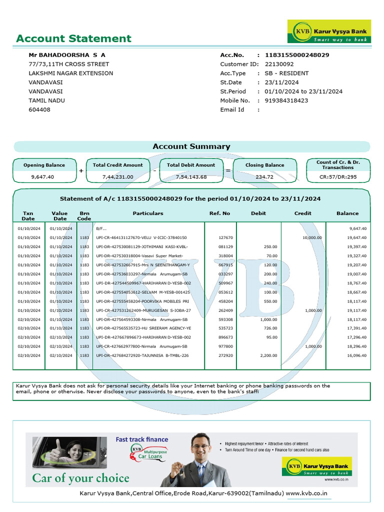 Karur Vysya Bank Account Statement Summary | PDF | Debits And Credits ...