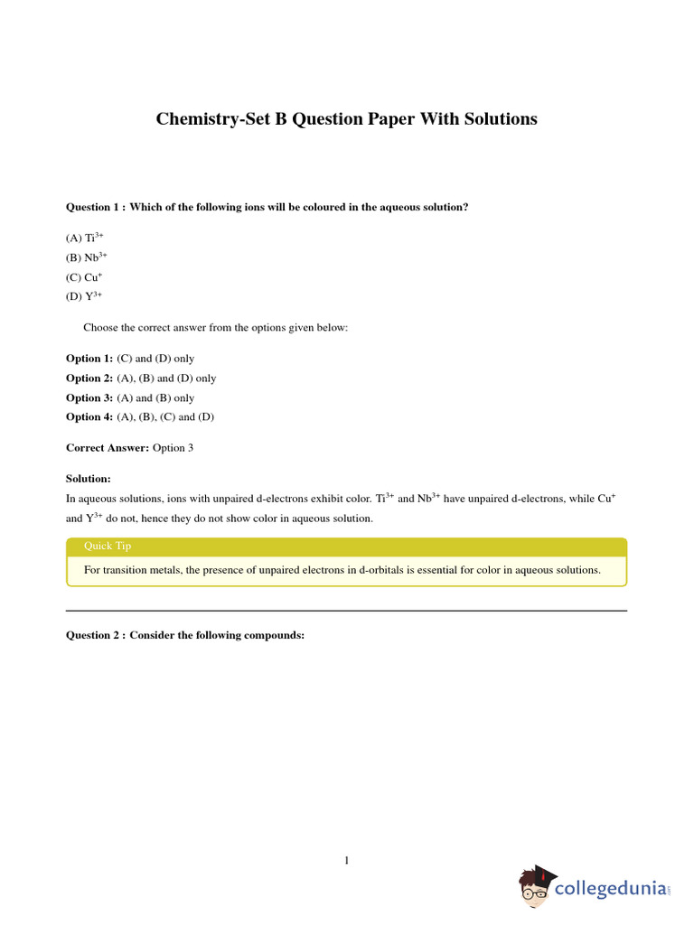 Cuet 2024 Chemistry Question Paper With Solution SET B NEW | PDF ...